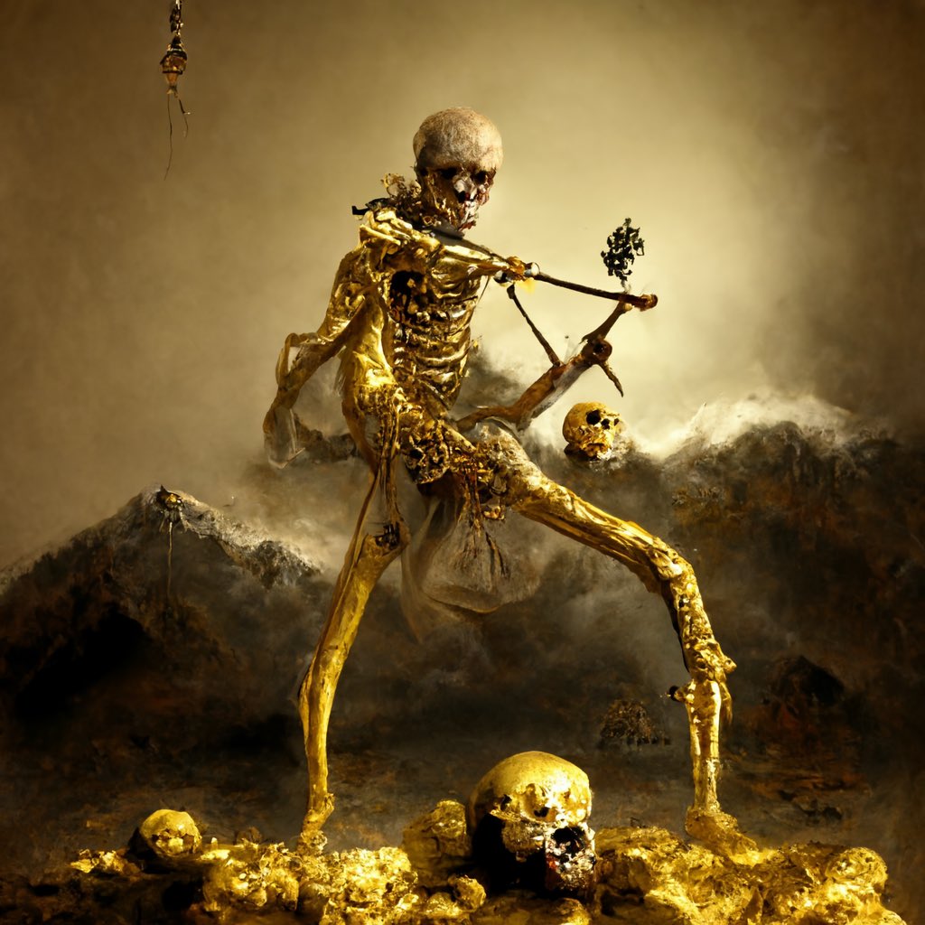 Playing around with MidJourney generative AI. This was the result of “gilded skeleton seeking revenge on the world” #midjourney