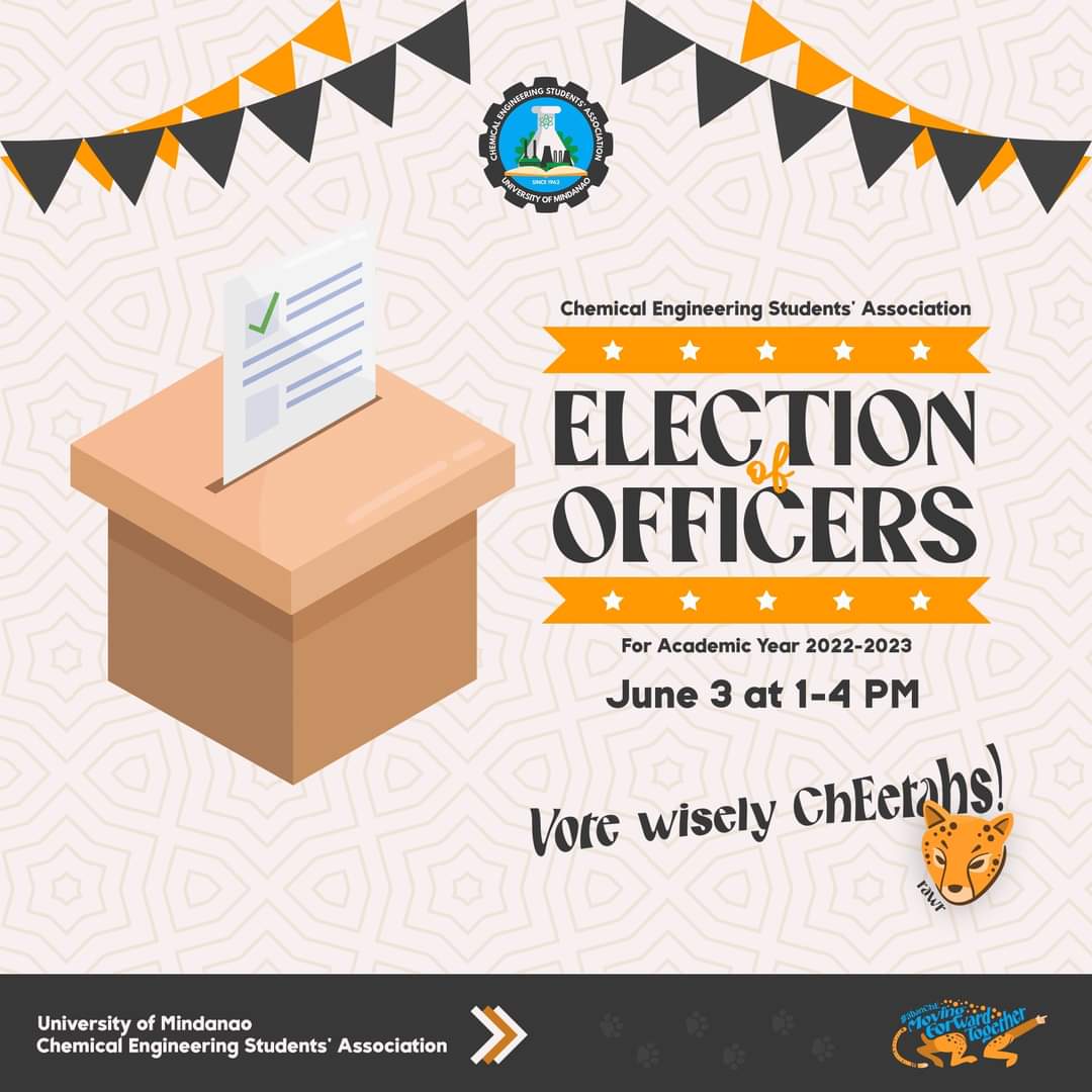 ChESA1962's tweet photo. Paws up, ChEetahs!

The end of the academic year 2021-2022 marks the beginning of the next chapter for the Chemical Engineering Students’ Association. Join the coalition this June 3rd, from 1-4 PM for ChESA's Election of Officers for Academic Year 2022-2023. https://t.co/jHUtvJ5aKd