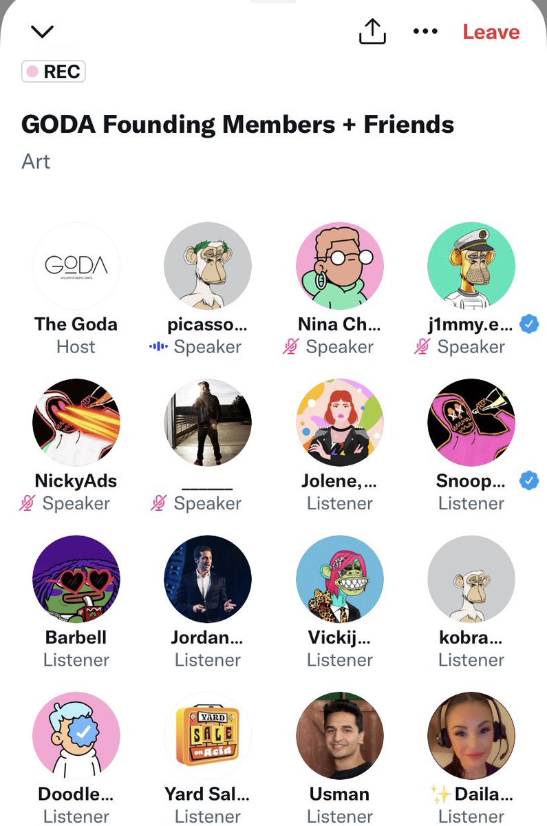 No big deal, just next to <a href="/SnoopDogg/">Snoop Dogg</a> in the very first <a href="/TheGoda_io/">Gallery Of Digital Assets ⚪️</a> Twitter Spaces.  Crossing my fingers🤞until next week <a href="/ninachanel/">Nina Chanel Abney</a>