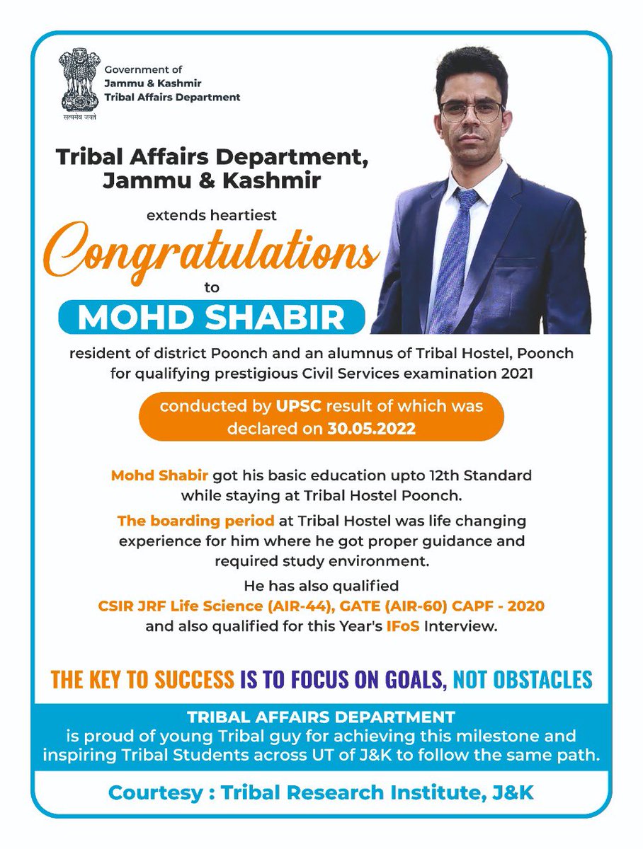 JKTRINSTITUTE's tweet photo. Matter of proud for all of us

Tribal student who remained on roll of the Hostel till 12th standard has brought laurels and inspired hundreds of other students like him to do something inspirational despite all odds

Where there is a Will,there is a Way @MundaArjun @listenshahid https://t.co/YXsQfbgtYD