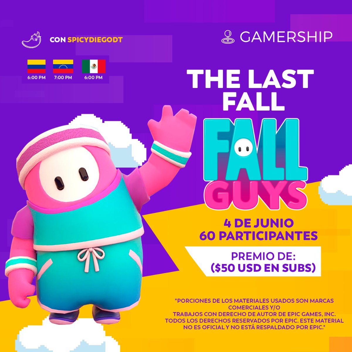 spicydiegodt's tweet image. Torneo Fall guys &quot;THE LAST FALL&quot; con @GamershipMX

🕹 60 Creadores de contenido 
🕹 4 Partidas 
🕹 50 usd en premio (suscripciones de Twitch)

Comenta si quieres recibir una invitación o etiqueta a tu streamer favorito!