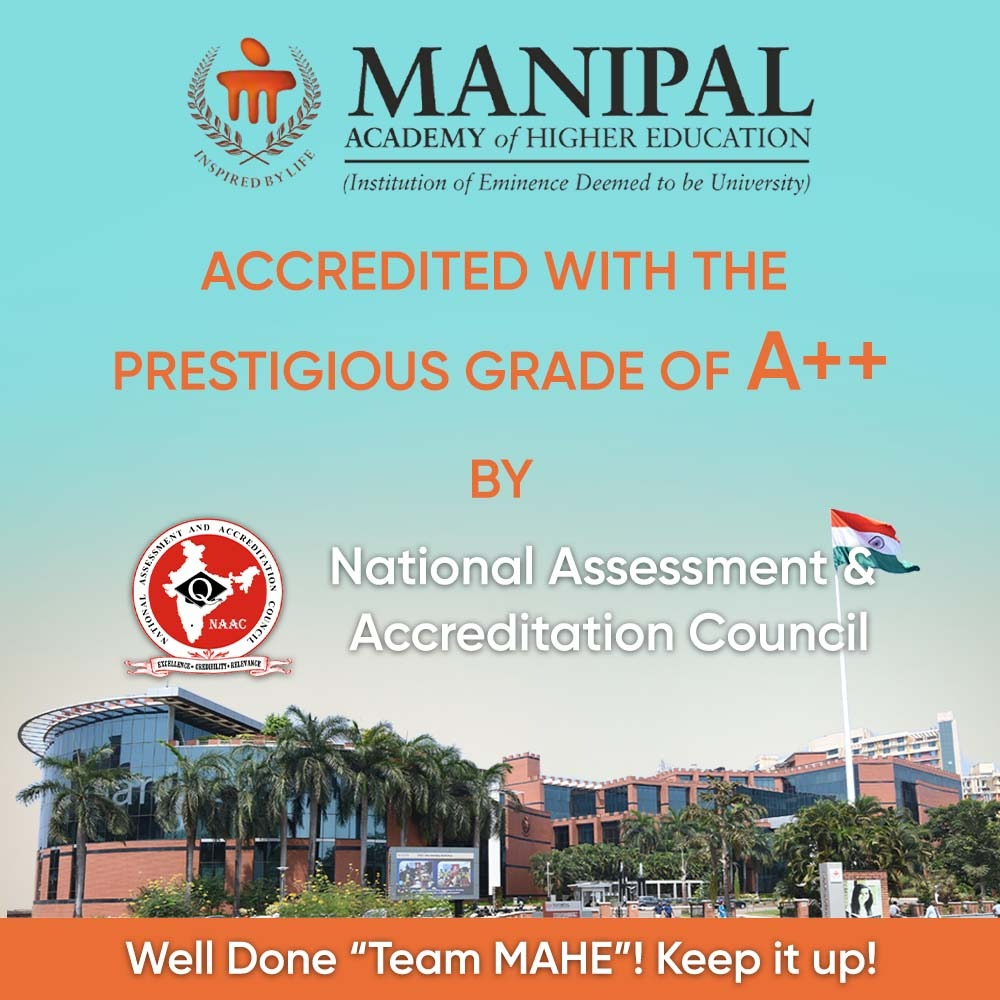 MAHE_Manipal's tweet photo. We are happy to share that the Manipal Academy of Higher Education (MAHE), an institution of Eminence, has achieved A++ grade (CGPA: 3.65 out of 4) in National Assessment and Accreditation Council's accreditation (3rd Cycle).

#MAHE #MAHEManipal https://t.co/Quoje9n6vl