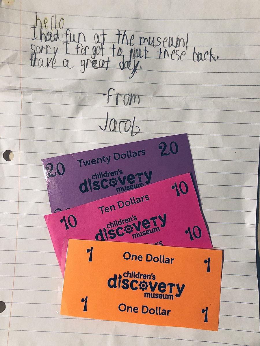 DiscoveryMuseum's tweet photo. Honest kids at play! 🤗 Thanks to Jacob for the sweet letter and stack of CDM cash. 💰 “Have a great day” indeed!! #blono #cdmpowerofplay @childmuseums https://t.co/9oXlBDMUAB