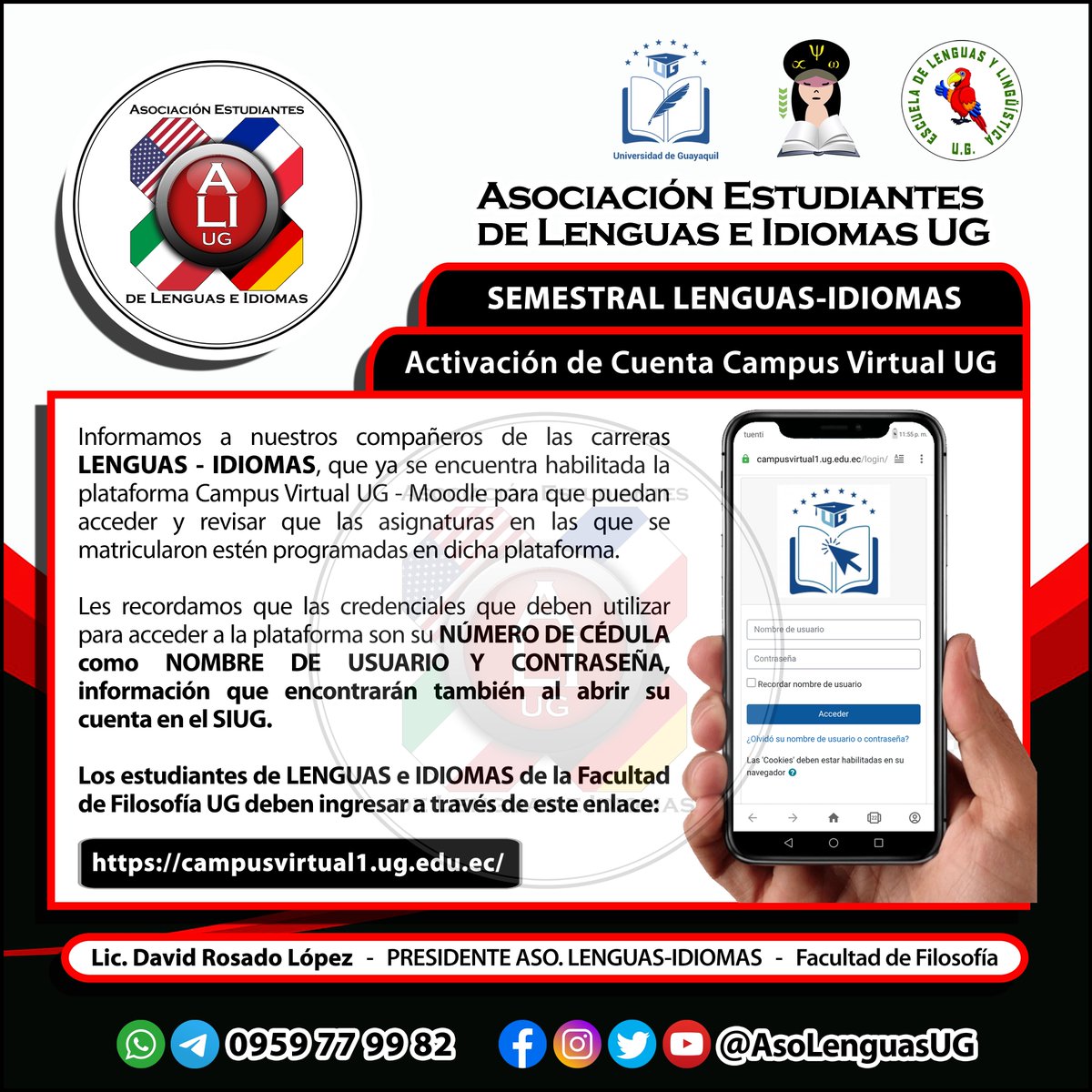 AsoLenguasUG's tweet photo. #AELIUG_Informa || 💻📱 Activación de Cuenta Campus Virtual UG Semestral LYL-PIN

Se informa a los compañeros de las carreras LYL-PIN que ya pueden acceder al Campus Virtual UG. Si recién te matriculaste debes esperar.

Deben ingresar en este enlace:
💻📱 https://t.co/EzReYqoN8f https://t.co/2jDxXTIfUx