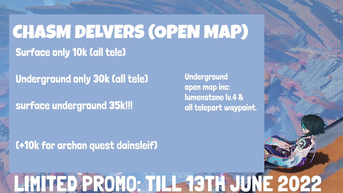 terujiz's tweet photo. PAKET HEMAT CHASM DALAM RANGKA EVENT!

Open map chasm + archon quest dain + all clear event only 80K! (event primo only)

LIMITED SLOT MAX 2/DAY https://t.co/OAWkdpjOXQ