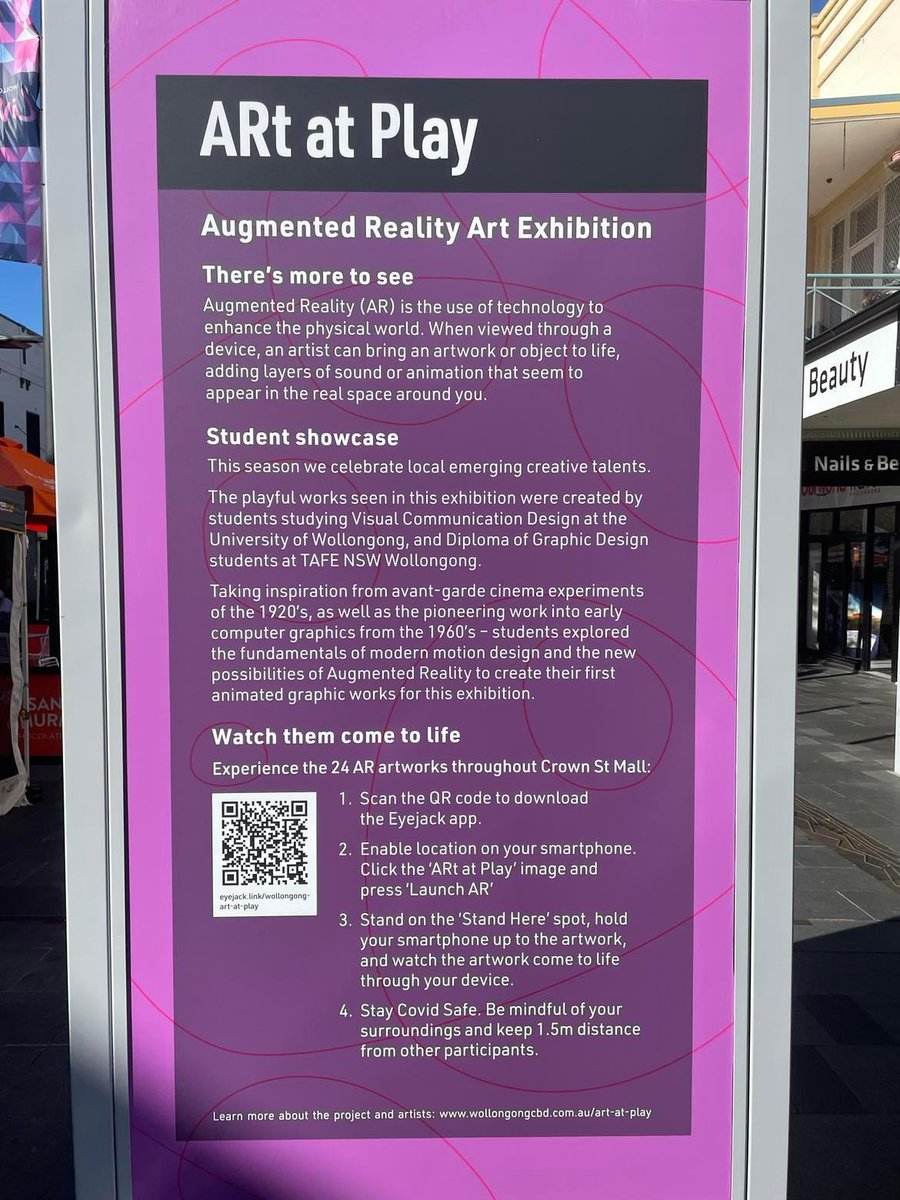 The graphic posters lining #CrownStreetMall for #ARtatPlay can be scanned using the <a href="/eyejackapp/">EyeJack</a>.

The animations will be activated and appear on your phone screen in real time.

Follow the instruction posters to watch the student art come alive.

<a href="/UOWTV/">UOWTV</a> #JRNL101 #UOWcreative