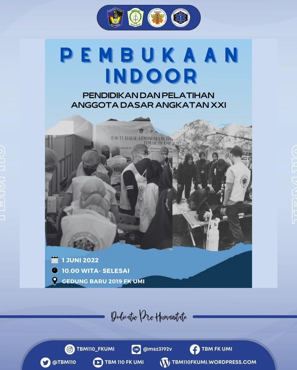[COOMING SOON]

"Pembukaan Pendidikan dan Pelatihan Anggota Dasar Angkatan XXI Tim Bantuan Medis 110 FK UMI"
Hari/Tanggal : Rabu/01 Juni 2022
Waktu : 10.00 WITA- selesai
Tempat : Gedung baru 2019 FK UMI

#TBM110FKUMI
#PPADAngkatanXXI
#Dedicatioprohumanitate