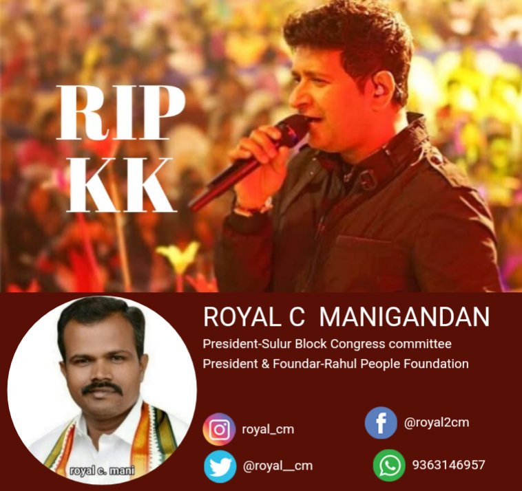 royal__cm's tweet photo. RIP famous singer KK
@DrAChellaKumar @manickamtagore @ThiruArasarINC @PChidambaram_IN @KartiPC @K_T_L @ManoharanVMC @RPF_RahulPeople @Namathusulur @sulurcongress @tamilnadukkc @MakkalInfomedia @kkc_india https://t.co/HQgCO7ALSi