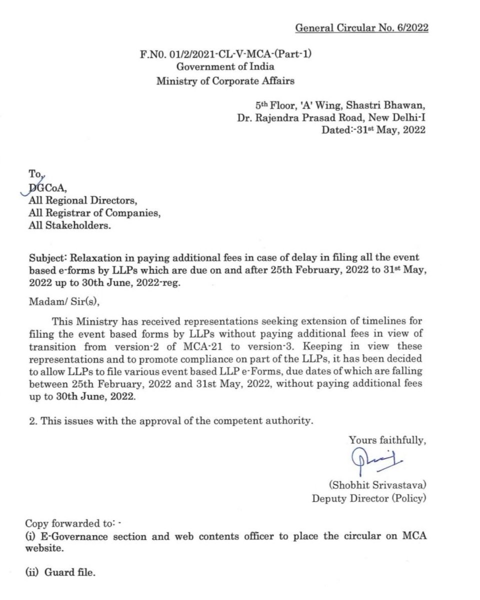 BagaiLegal's tweet photo. @BagaiLegal® - MCA Update – LLP Filings : 31 May, 2022 || Relaxation in paying additional fees in case of delay in filling all the event based e – forms by LLPs which are due on and after 25th February, 2022 to 31st May, 2022 up to 30th June, 2022. https://t.co/PIrGAuRDjd