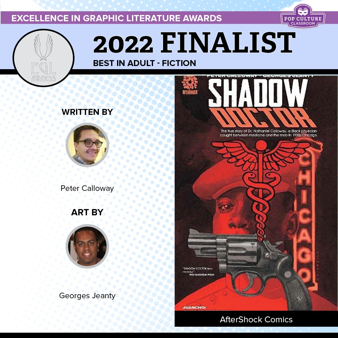 KabaLounge's tweet photo. Shadow Doctor has been announced as a finalist in the 2022 @EGLAwards Adult Fiction Category! Congrats to @PeteCalloway and all the other finalists!

https://t.co/fZNiIZ6G2f

#georgesjeanty #kabalounge #shadowdoctor #bookawards #graphicnovels @PopClassroom @AfterShockComix https://t.co/N4do51skUc