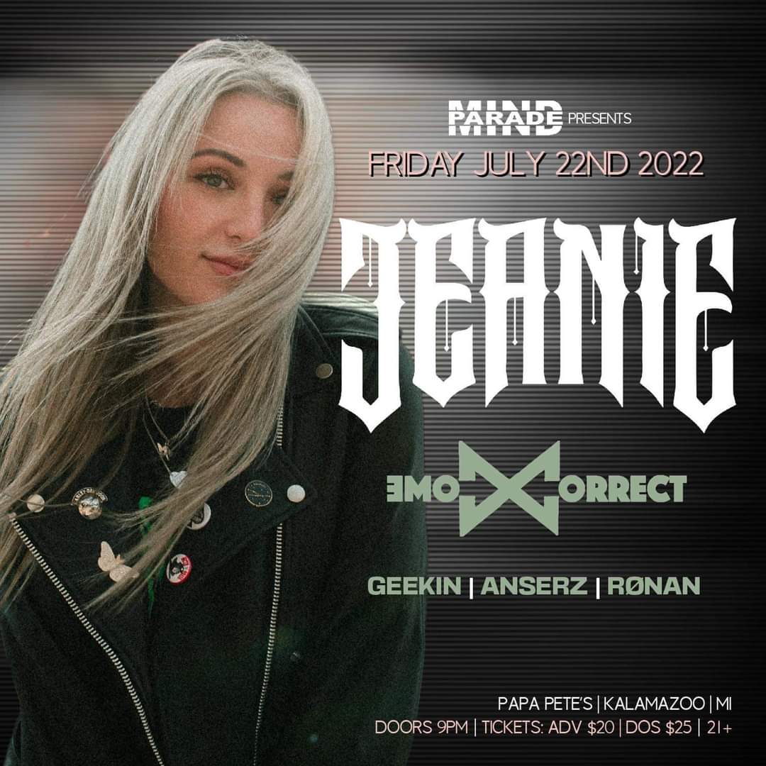 PROTBA's tweet photo. Mind Parade Presents Jeanie July 22nd with ComeCorrect Geekin Anserz and Ronan at Papa Petes! 21+
#MindParadeEvents #Jeanie #ComeCorrect #Geekin #Anserz #Ronan #PapaPetesKalamazoo #KalVegas https://t.co/9wZM3EJcPp