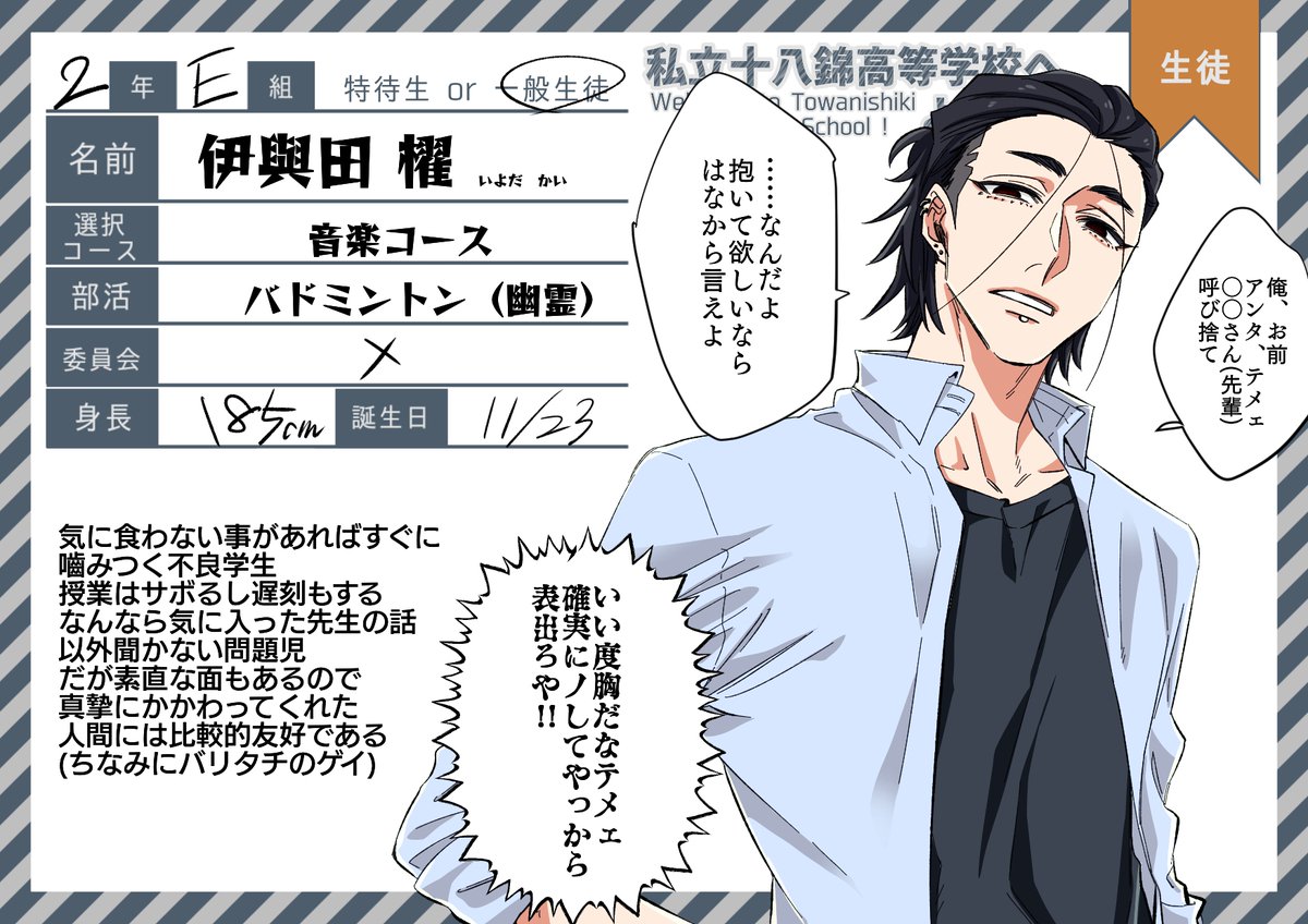 [@18nishikiTL ]様の素敵な企画にちょっと怒りの導火線が短い二年生を投下させていただきます。事前関係一切ありませんのでよろしくお願いいたします!
#十八錦高_CS
#十八錦高_生徒
#十八錦高_2年E組
#十八錦高_音楽コース
#十八錦高_バドミントン部 