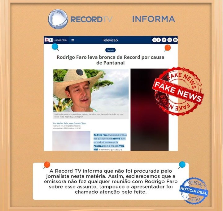 tudoemfocoo's tweet photo. 🚨 A Record TV desmente o NaTelinha sobre a suposta "chamada" que havia dado no Faro ao realizar um vídeo com a esposa encenando uma das cenas de #Pantanal: https://t.co/uw3KysdStB
