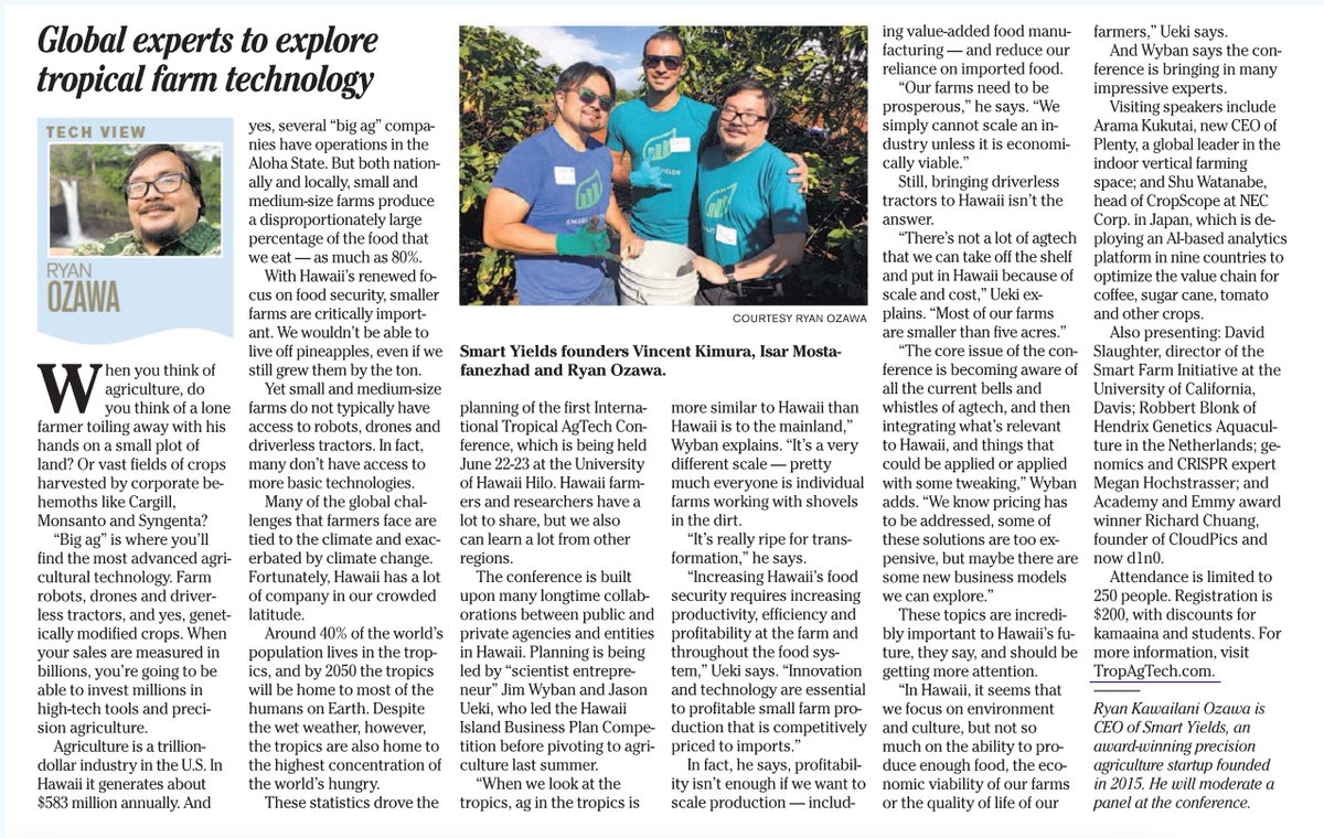 Germinate_HI's tweet photo. Tropical AgTech Conference in the News

Star Advertiser – Tuesday, May 31, 2022
Tech Views: Global experts to explore tropical farm technology👉 https://t.co/8Cg1l6PU0e
by Ryan Ozawa

Register today 👉 https://t.co/Nndw5Gf9dz

#agtech #agritech https://t.co/em06zFLYMR