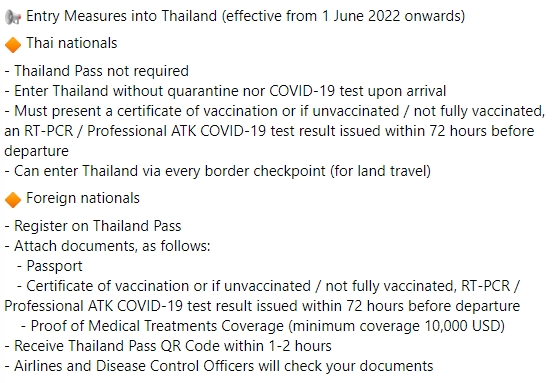 prdthailand's tweet photo. Entry Measures into Thailand (effective from 1 June 2022 onwards) https://t.co/lgjB2WLfIz