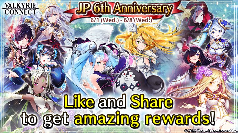 vconnect_en's tweet image. 🎉Valkyrie Connect JP 6th Anniversary!🎉

To celebrate we're holding a special Share/Retweet campaign with rewards for ALL players! 
Don't miss out on this chance to get a lot of Stamina🍖 and Diamonds💎!

More information on our official Facebook post: 
bit.ly/3aeODlt