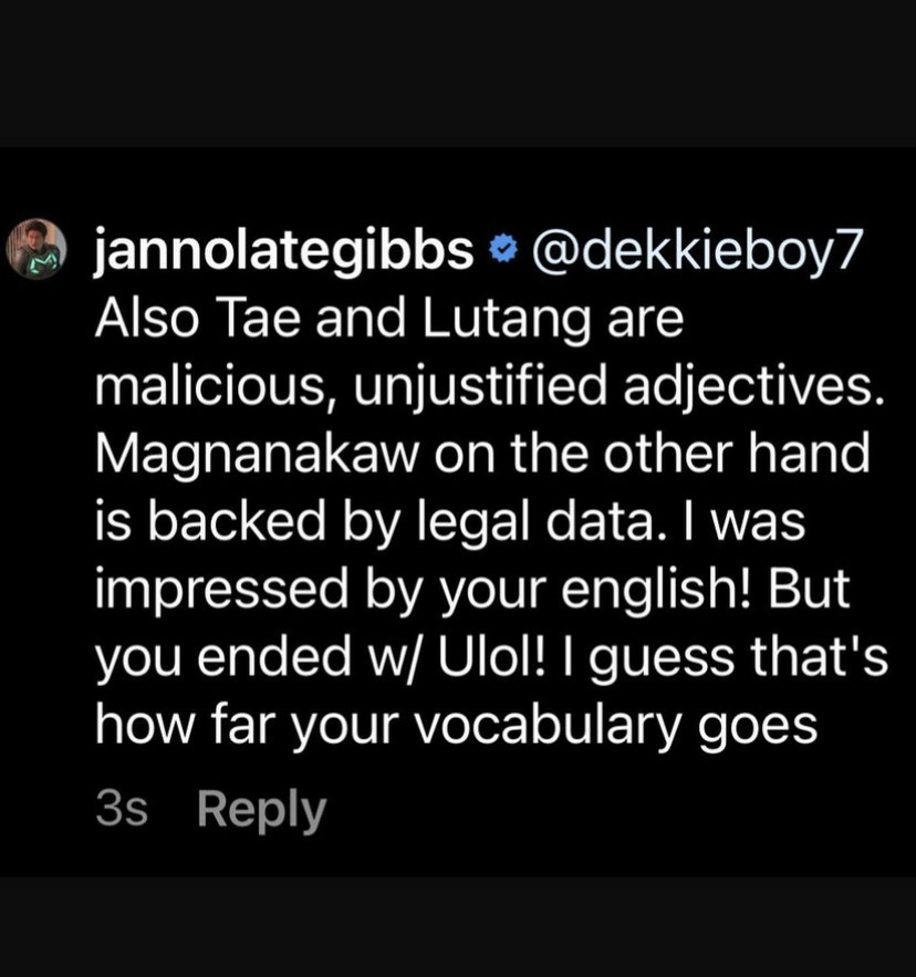 inquirerdotnet's tweet photo. 'YOUR CANDIDATE BEGGED FOR A RECOUNT 3X. OURS DID NOT, THIS TIME'

LOOK: Singer Janno Gibbs slams a netizen who he says can't still move on from the elections and continues attacking Vice President Leni Robredo.  📷Janno Gibbs/Instagram https://t.co/hGpQcVHrdE
