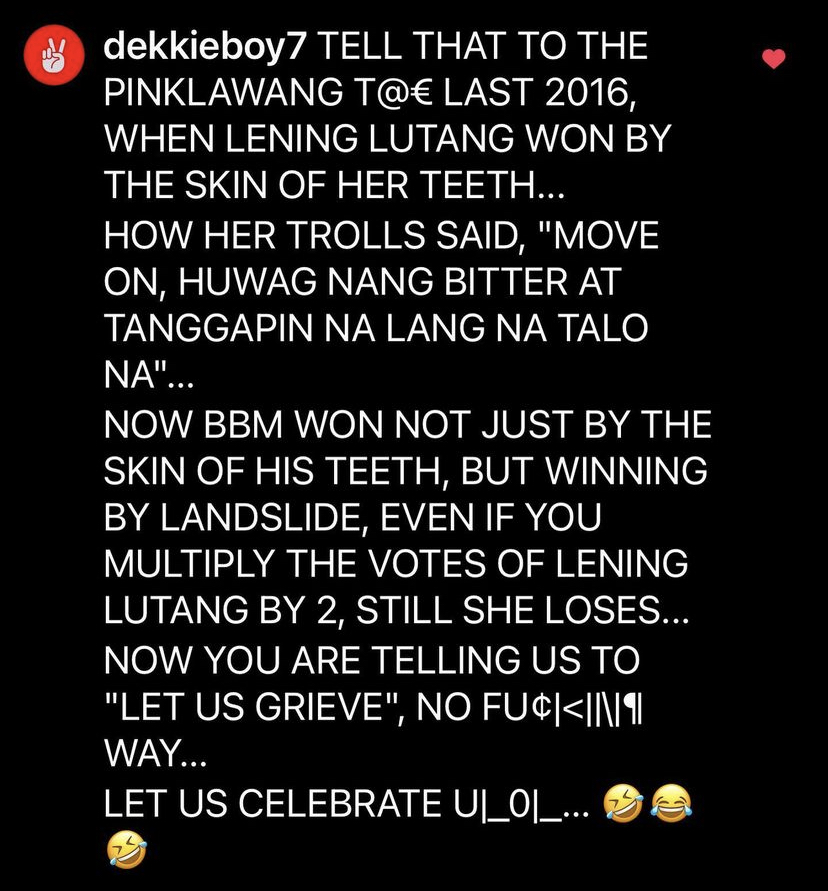 inquirerdotnet's tweet photo. 'YOUR CANDIDATE BEGGED FOR A RECOUNT 3X. OURS DID NOT, THIS TIME'

LOOK: Singer Janno Gibbs slams a netizen who he says can't still move on from the elections and continues attacking Vice President Leni Robredo.  📷Janno Gibbs/Instagram https://t.co/hGpQcVHrdE