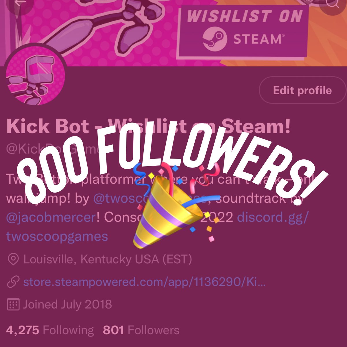 KickBotGame's tweet photo. We reached 800 followers – that’s like how many times y’all are gonna die per level in Kick Bot! 

#samejoke #againagain https://t.co/ePDphAWAxm