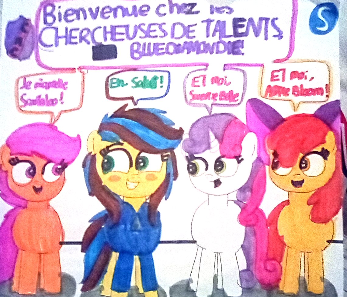 MArts2009's tweet photo. Saphir Emeraude rencontre les CMC et sa nouvelle love interest: Scootaloo.
Sapphire Emerald meets the CMC and his new love interest: Scootaloo.
#cutiemarkcrusaders #scootaloo #sweetiebelle #applebloom #cmcclubhouse #my_little_pony #friendship_is_magic #group #speech_bubble https://t.co/y6kHT2Cz1r