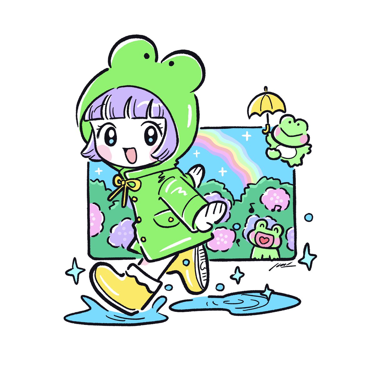 1girl raincoat puddle smile hydrangea open mouth flower  illustration images