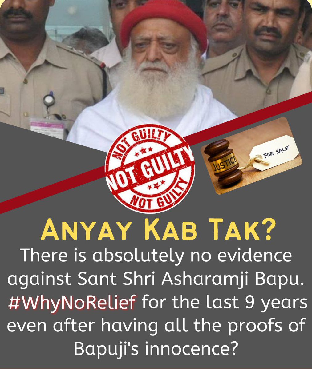 pihu0297's tweet photo. If justice is delayed, it is treated as injustice. 
Innocent Sant Shri Asharamji Bapu has been kept in jail for last 9 years under false case. Now even if they get justice, who will return their #9YearsOfInjustice? 😠
Justice Still Awaited https://t.co/CzV5jCg5A0