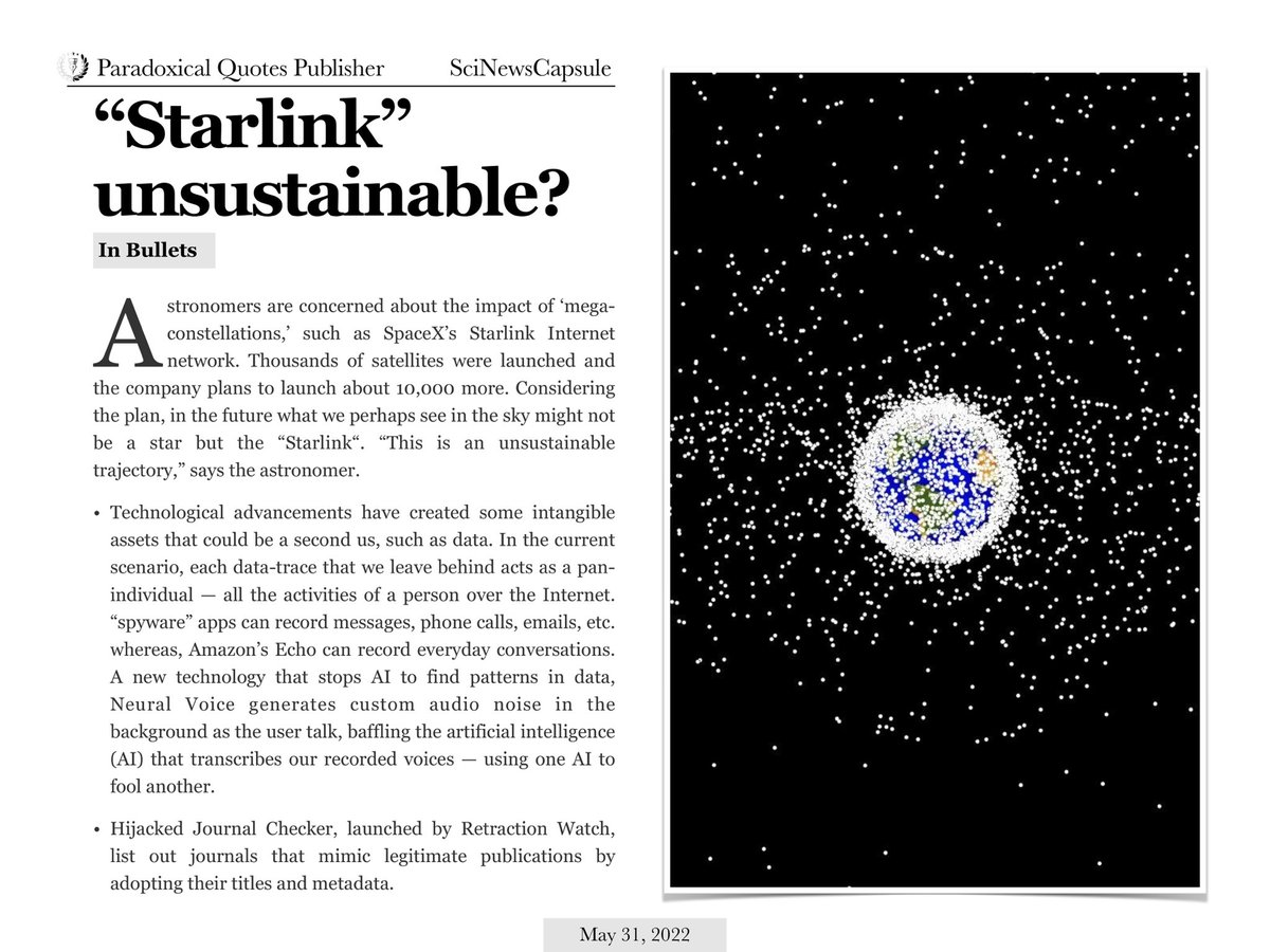 ParadoxicalQuo's tweet photo. @elonmusk What’s your thought on “Starlink,” space debris, and sustainability. Starlink in the future may exacerbate the space debris problem? https://t.co/HuujywkPya
