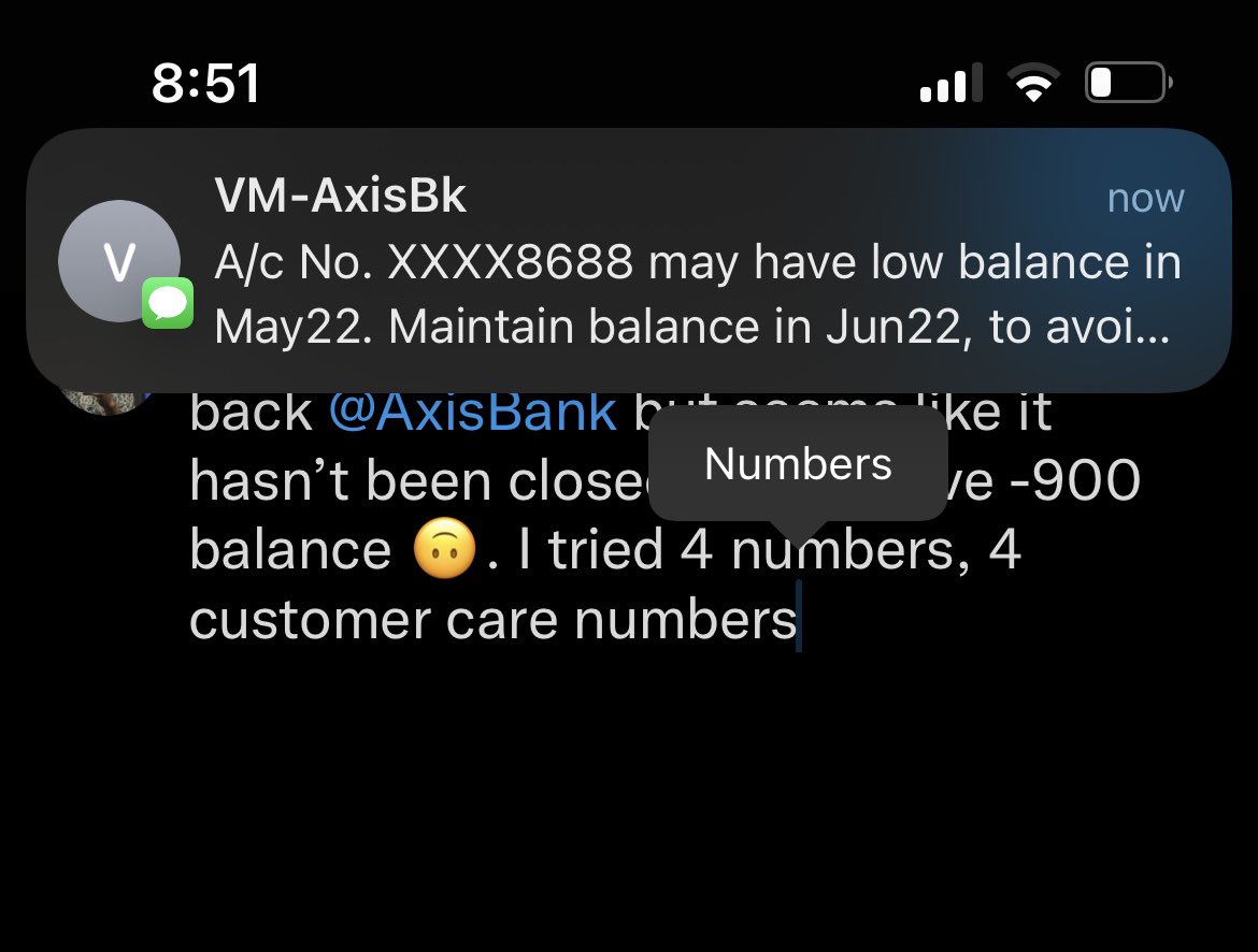 yugankkul's tweet photo. tried to close my account @AxisBank 2 months back, but seems like it hasn’t been closed. Now I have -900 balance 🙃. I tried 4 numbers, 4 customer care numbers, and none of them work. Funny enough, when I’m writing this i get this message. https://t.co/l3RdrxRGPk