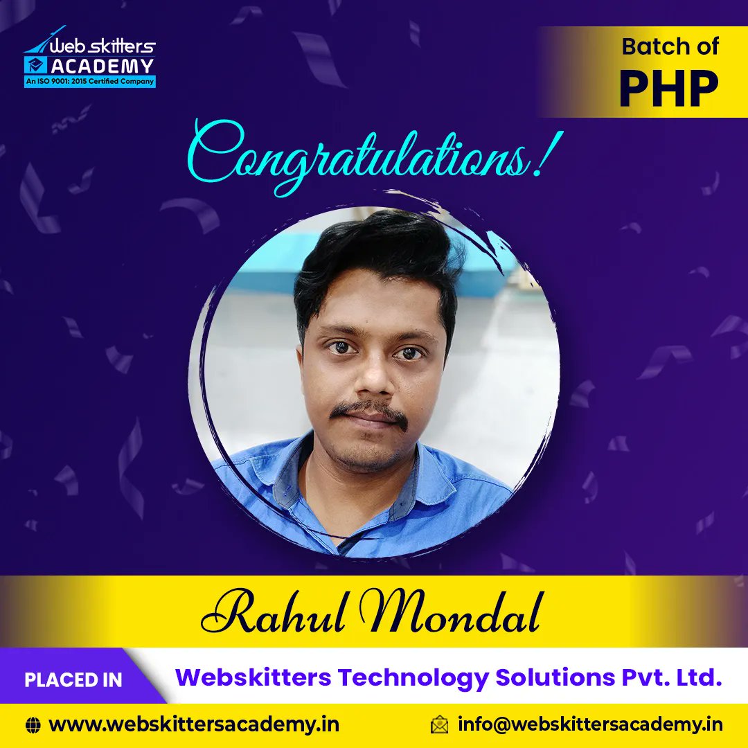 WebSkitters_Edu's tweet image. Congratulations Rahul Mondal!
You successfully completed your PHP course with Webskitters Academy and now have also started your journey as a PHP developer.
We wish you good luck with your bright future. 

#WebskittersAcademy #phponlinecourse #Career #Placement #Jobs #Student