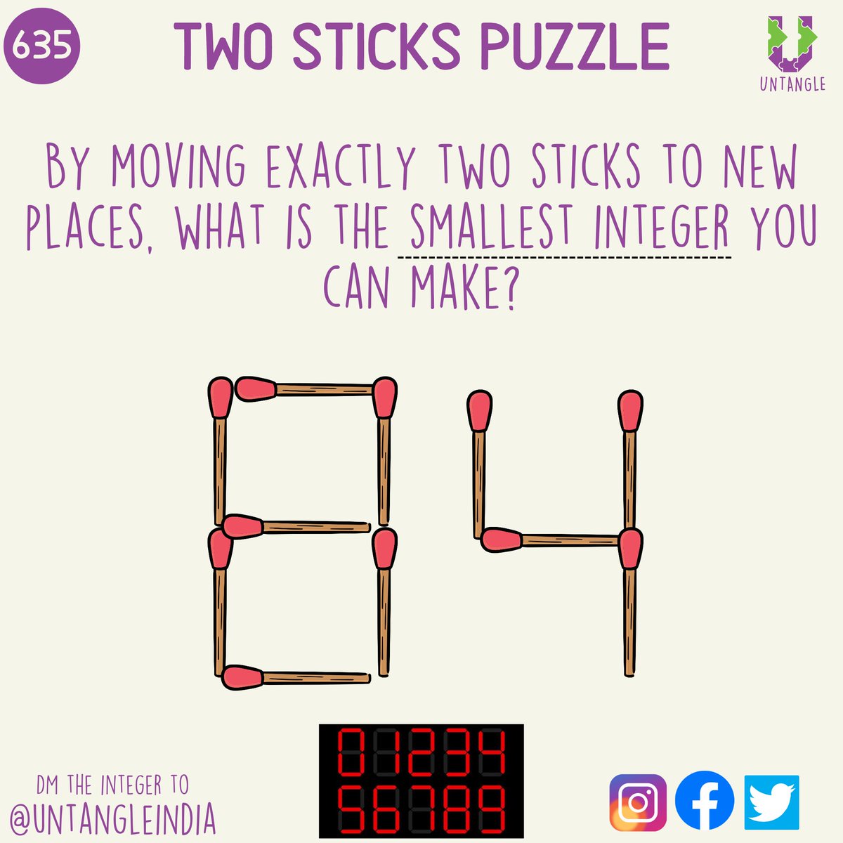 UntangleIndia's tweet photo. Today's puzzle is to find the smallest integer by moving two sticks.

DM the integer to @UntangleIndia

#UntanglingAtHome 635

Try to get it right in the first attempt. https://t.co/7QYWgeNZms