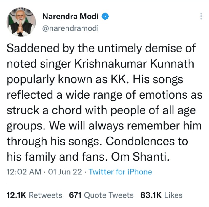 RimpyRAJPUT07's tweet photo. Our respected Prime Minister's tweet for singer KK's death but he never ever said a single word about Legend killed in Punjab. Again discrimination with Punjab &amp; Punjabi's #sidhumoosewala #Punjab #Mansa #PunjabiSinger https://t.co/GEwyHeFbUX