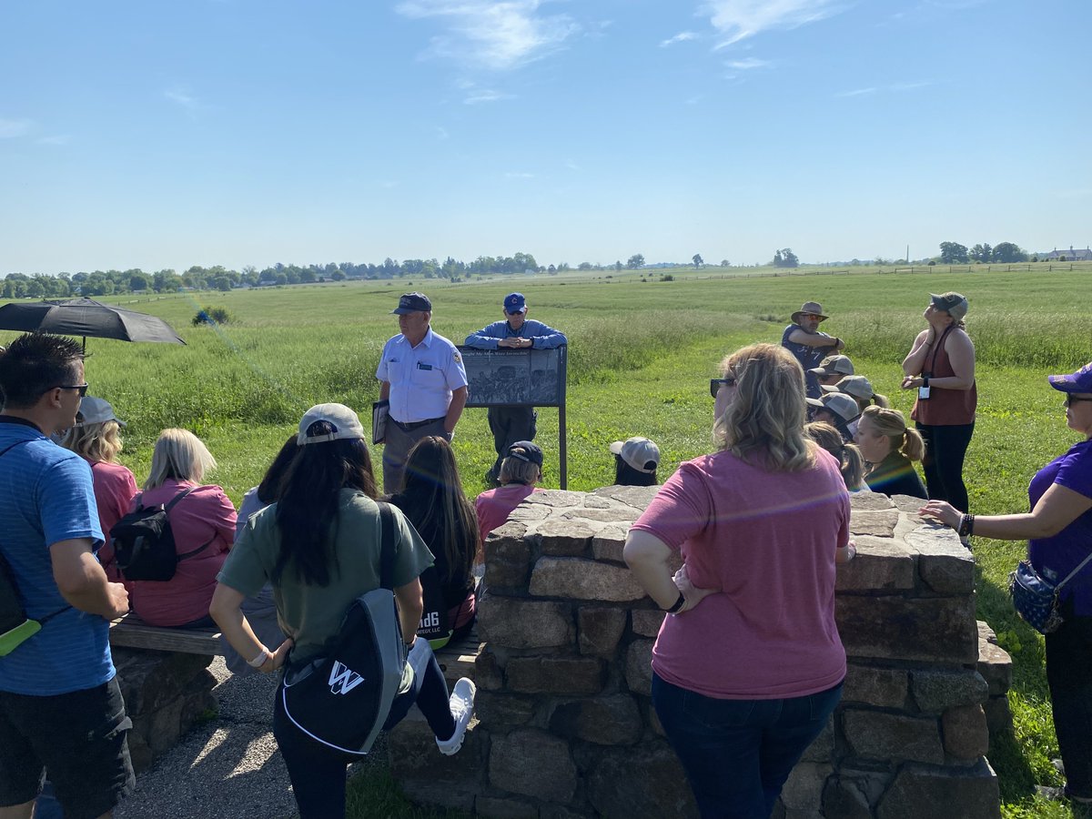 D6leadership's tweet photo. Day 2: A toasty day on the #Gettysburg battlefield didn't slow these leaders down. #PickettsCharge and #GettysburgNationalCemetery with the perfect ending-- dinner on the Vossler Farm! #D62022 @WVUSD_Tweet @mccauslj #leadership https://t.co/CoaIyOafSt