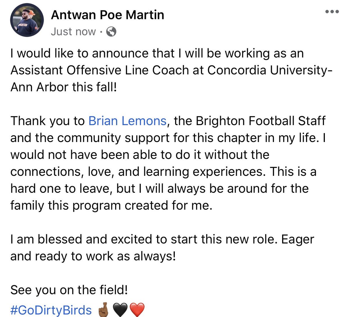 _coachpoe's tweet photo. Thank you @CUAA_Football @CoachSchu44 @coach_codd  for this amazing opportunity. 
Let’s get to work!
🤞🏾🖤 https://t.co/XJKRQf75yp