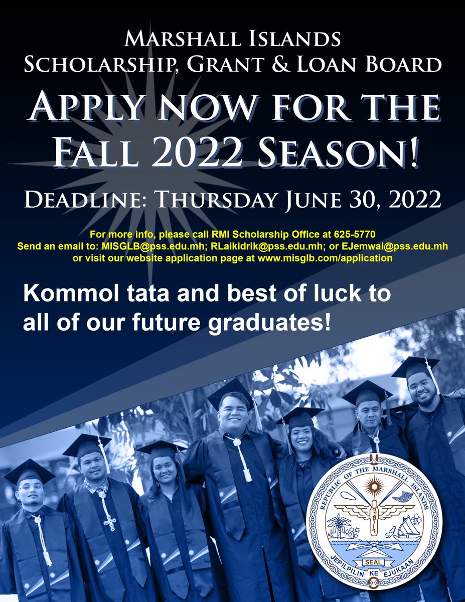 MISGLB's tweet image. Apply now for the Fall 2022 Season!
For more info, please call RMI Scholarship Office at 625-5770,

Send an email to: MISGLB@pss.edu.mh; RLaikidrik@pss.edu.mh; or EJemwai@pss.edu.mh,

or visit our website application page at misglb.com/application