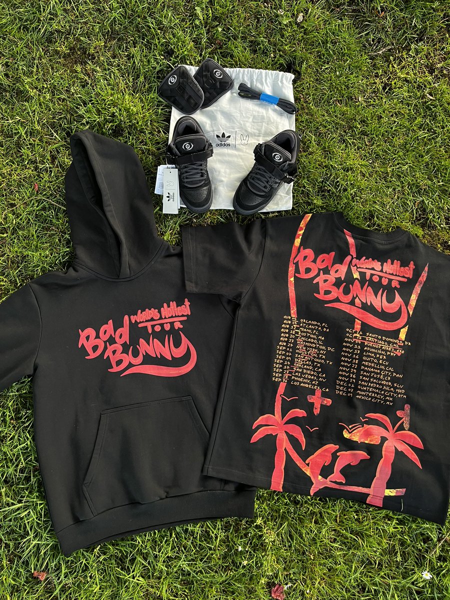 jairsinyo's tweet photo. GIVING AWAY A PAIR OF BAD BUNNY ADIDAS FORUM LOW &amp; WORLDS HOTTEST TOUR TEE / HOODIE MADE BY ME 🚀 (clothing will drop this friday 6/3 at 3pm pst) 

Like/RT/Follow for a chance to win 🔥

Thank you for supporting ❤️ https://t.co/LFu1JfspGz