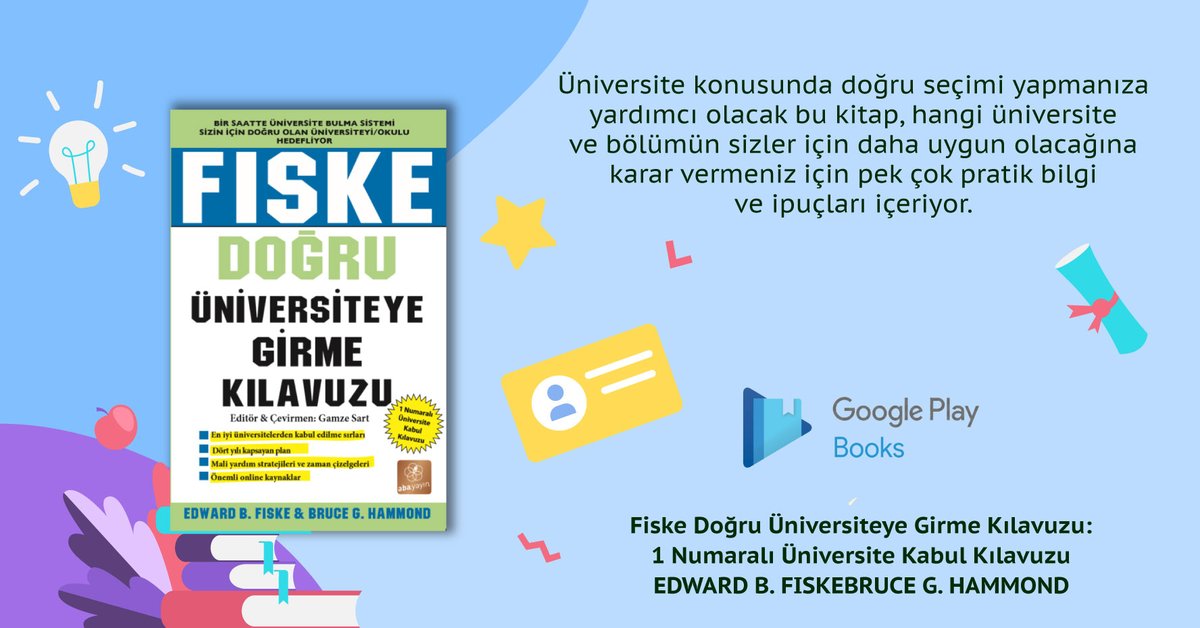 Üniversite konusunda doğru seçimi yapmanıza yardımcı olacak bu kitap, hangi üniversite ve bölümün sizler için daha uygun olacağına karar vermeniz için pek çok pratik bilgi ve ipuçları içeriyor.

Satın almak için: play.google.com/store/books/de…

#abayayın #abayayin #üniversite #fiske