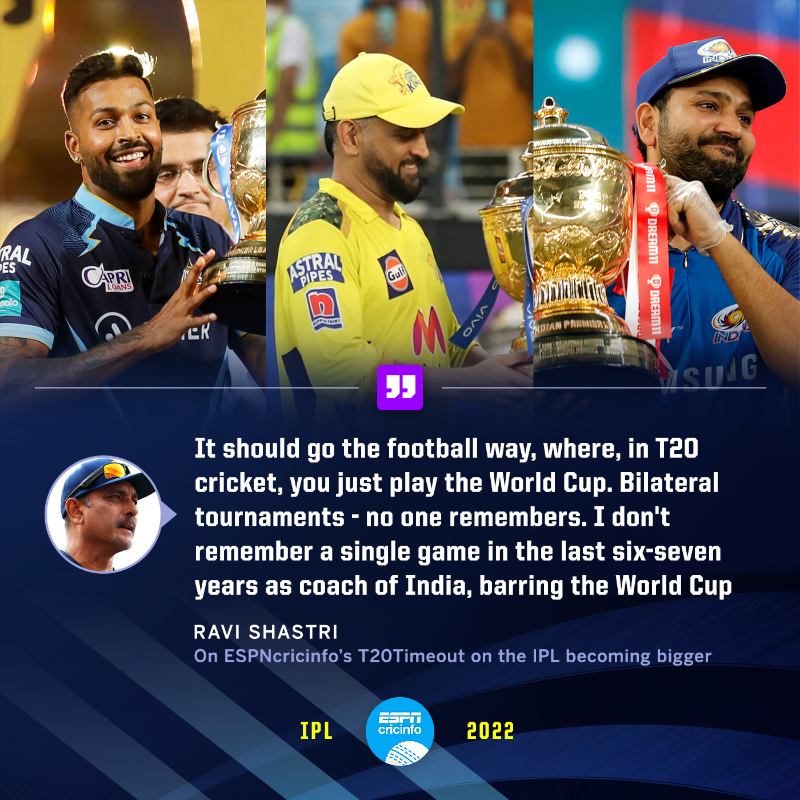 cricinfo's tweet photo. With the IPL likely to get bigger soon, Ravi Shastri stated that international T20s should only be played at World Cups 🗣

Do you agree? #T20Timeout #IPL2022