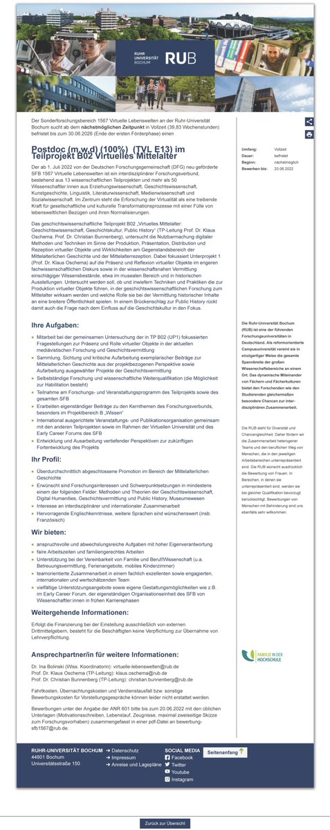 Hört, hört! Spannendes #Jobangebot für Mediävist*innen: PostDoc (TV13, 100%, befr.) im Teilprojekt Projekt "Virtuelles Mittelalter" des eben bewilligten SFB "Virtuelle Lebenswelten" an der <a href="/ruhrunibochum/">Ruhr-Universität Bochum</a>! Ich freue mich auf spannende Bewerbungen! Bitte RT...