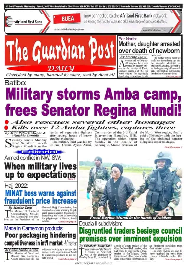 Senator Regina Mundi was rescued in a military operation on Monday May 30th 2022. She spent closed to a month under captivity from the Anglophone separatist fighters ADF