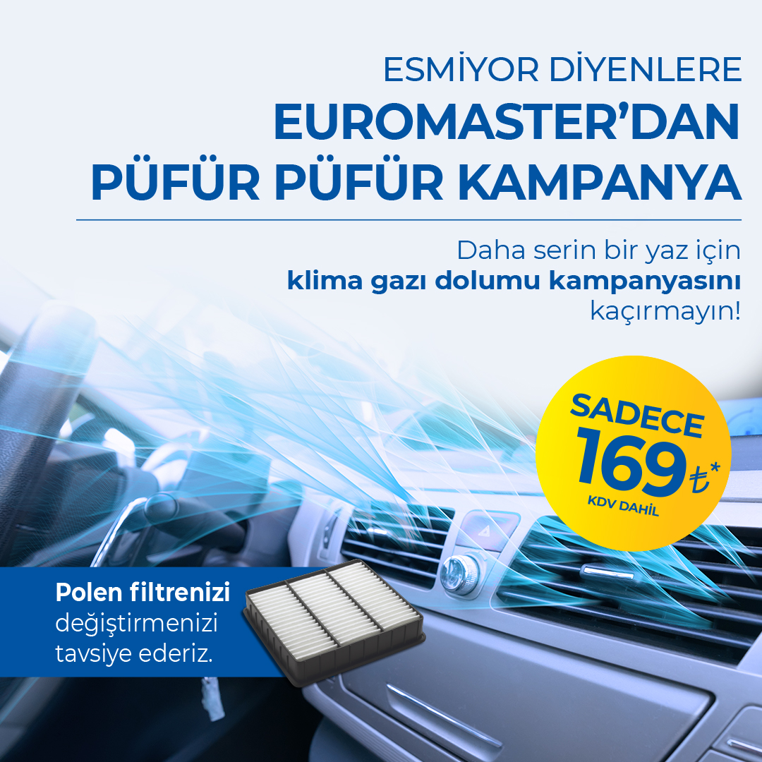 Esmiyor diyenlere püfür püfür kampanya. Daha serin bir yaz için klima gazı dolumu kampanyasını kaçırmayın! Kampanya ile ilgili detaylı bilgiye euromaster.com.tr/kampanya/klima… adresinden ulaşabilirsiniz.