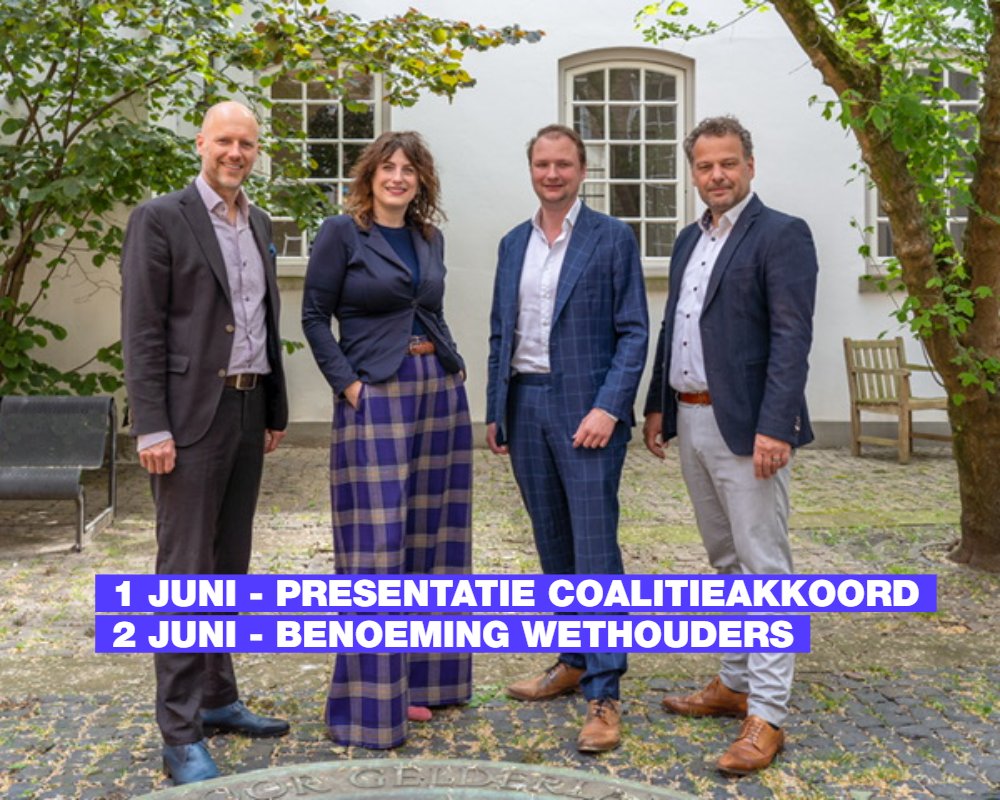 Vanavond om 19:30 wordt het coalitieakkoord gepresenteerd en stellen de kandidaat-wethouders zich voor in de raadsvergadering. 2 juni worden de wethouders officieel benoemt.
v.l.n.r. Jasper Bloem (PvdA), Eva Boswinkel (GL), Sjoerd Wannet (D66), Rick Verschure (Burgerbelang)
