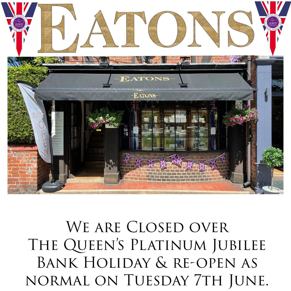 eatonsgoldsmith's tweet photo. We will be Closed for The Queen’s Platinum Jubilee Bank Holiday &amp; re-open as normal on Tuesday 7th June. Have a wonderful time of celebrating &amp; partying! 👑🇬🇧 
#JubileeCelebration #HM70 #PlatinumJubilee https://t.co/QRRuITgdFf