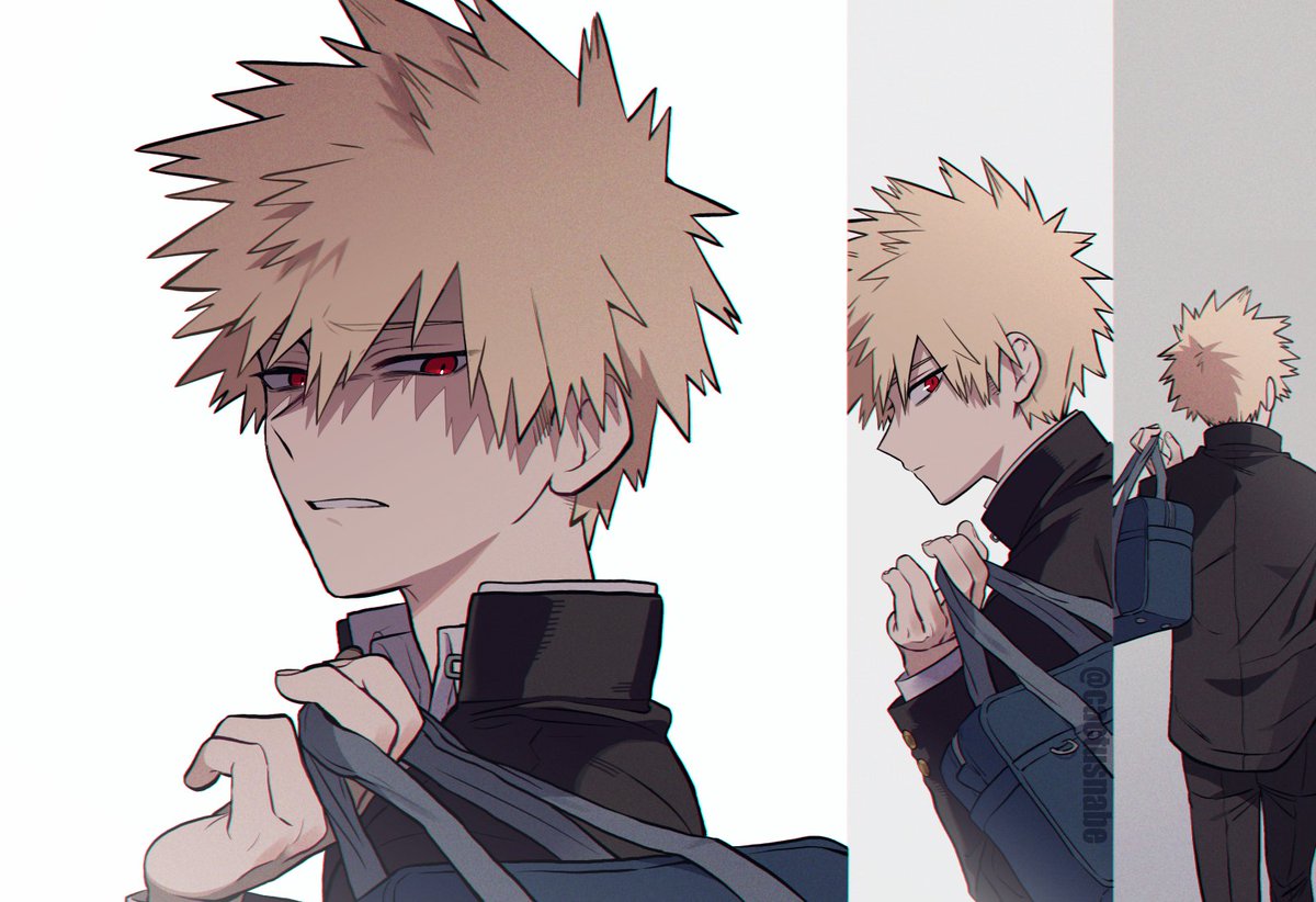 bakugou katsuki male focus bag school uniform blonde hair spiked hair 1boy red eyes  illustration images