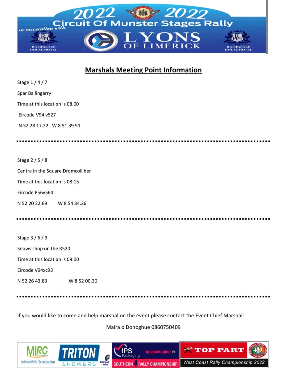 Thank you to everyone who has already confirmed they are joining us to help us out this weekend, but we will never say no to more help! Here is the marshal meeting points &amp; times for Sundays stages !