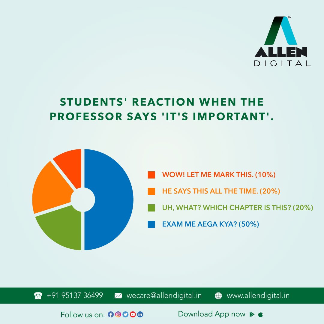 ALLENDigital_In's tweet photo. Which section of the class do you belong to? Let us know in the comments section.
#AllenDigital #AllenClasses #KotaCoaching #JEEmain #JEEadvanced #NEET #JEEpreparation #NEETpreparation #onlineclasses #education #coaching #onlineeducation #onlinelearning #learning https://t.co/CXxSrksRdl