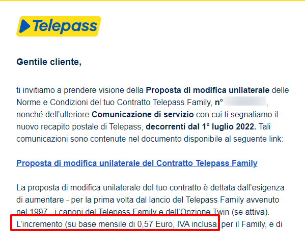 Eliano68's tweet photo. Cara @telepass, magari non te ne sei accorta, ma l'incremento del contratto da luglio di soli 0,57 Euro al mese, corrisponde ad un aumento del 45% rispetto a quanto pago adesso.
@consumatori Ma è legale sta cosa?
#telepass #aumenti #autostrade #italia #consumatori #auto https://t.co/gmoEZjsFEt