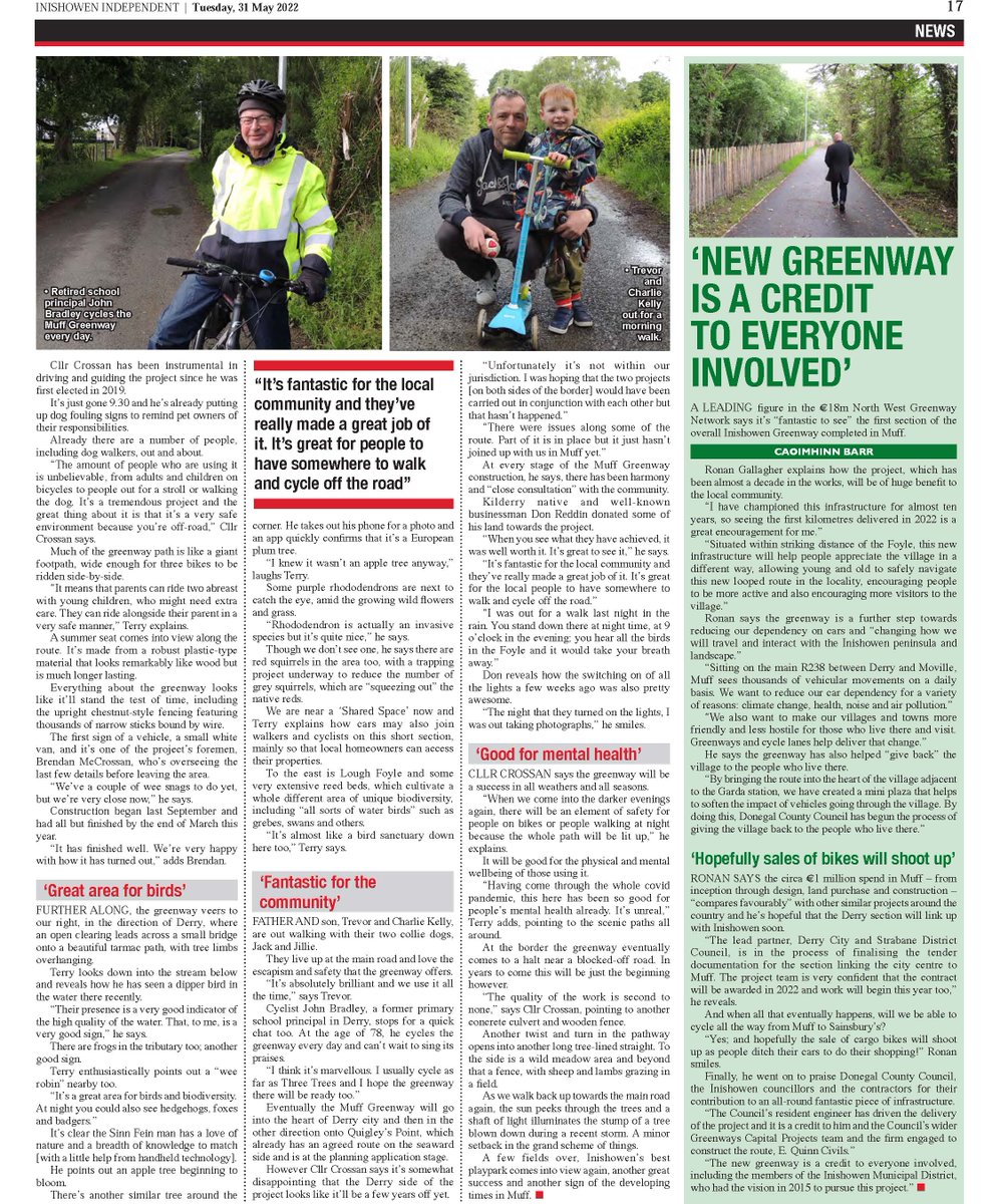 What a fantastic piece in this week's <a href="/InishowenIndo/">Inishowen Independent</a> from Caoimhinn Barr. The #Muff section of the Inishowen greenway, funded by <a href="/interregeurope/">Interreg Europe</a>, is a fantastic example of how local authorities can make a difference in our communities. Part of the wider #northwestgreenwaynetwork.