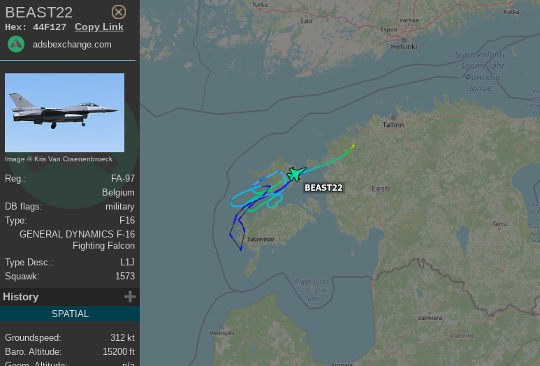 vcdgf555's tweet image. Baltic Air Policing flight up over 🇪🇪 Estonia currently.
(@ADSBexchange)

🇧🇪 BEAST22 is F-16AM FA-97 #44F127