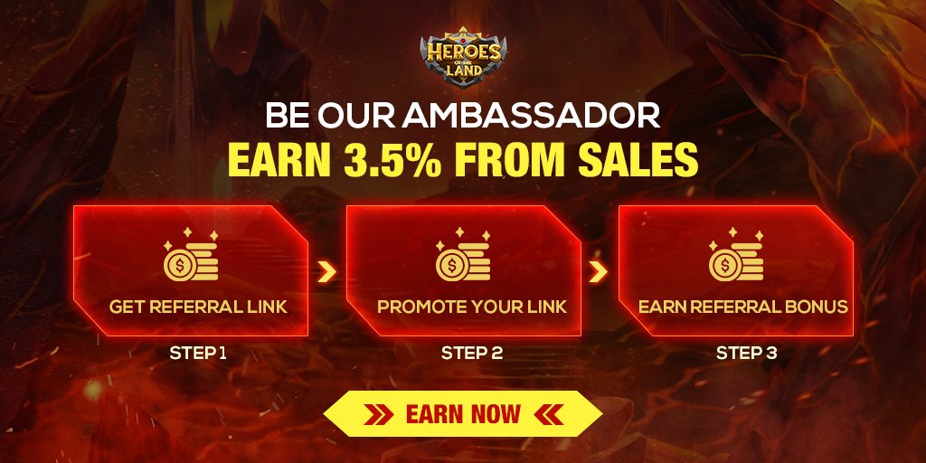 #HOLAMBASSADOR: EARN 3.5% FROM SALES💥

Every sale brings you 3.5% immediately.
Bonus 100 IDO whitelists.

S1: Get Referral Link: Go to marketplace (marketplace.heroesoftheland.com), press button "My referral link"
S2: Promote your link
S3: Earn the referral bonus

Be our ambassador NOW!