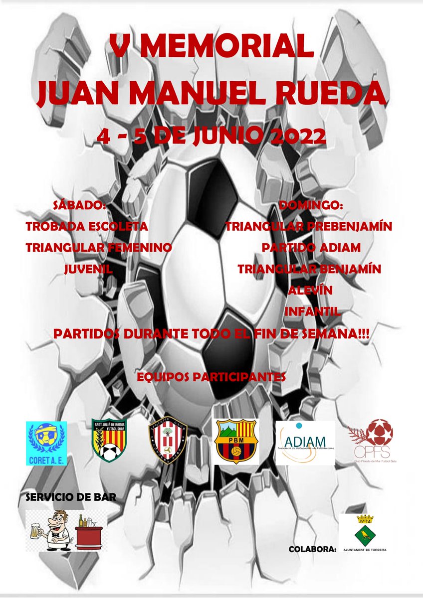 AthClubTordera's tweet photo. Cap de setmana de #futsal al Pavelló Municipal de 
@Aj_Tordera
 !!

V Memorial Juan Manuel Rueda

Vine aquest cap de setmana a gaudir amb trobades d'escoleta, triangulars i partits dels nostres equips.

Hi haurà servei de bar al costat del pavelló!!

@RadioTordera https://t.co/pF2ymlBZtp
